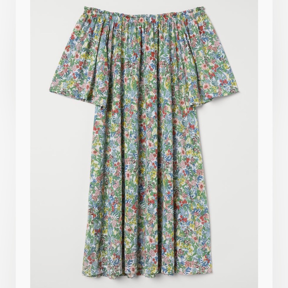 H&M Floral Off the Shoulder Dress Recycled Polyester Relaxed Fit S
